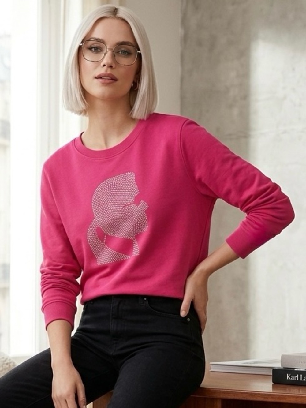 Karl Lagerfeld Paris embellished silhouette crew neck sweatshirt